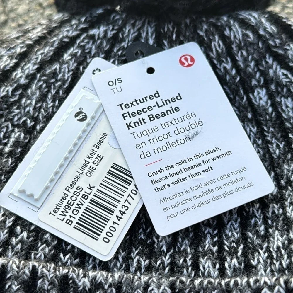 Lululemon Womens Textured Fleece-Lined Knit Beanie hat Black‎ Grey White NWT